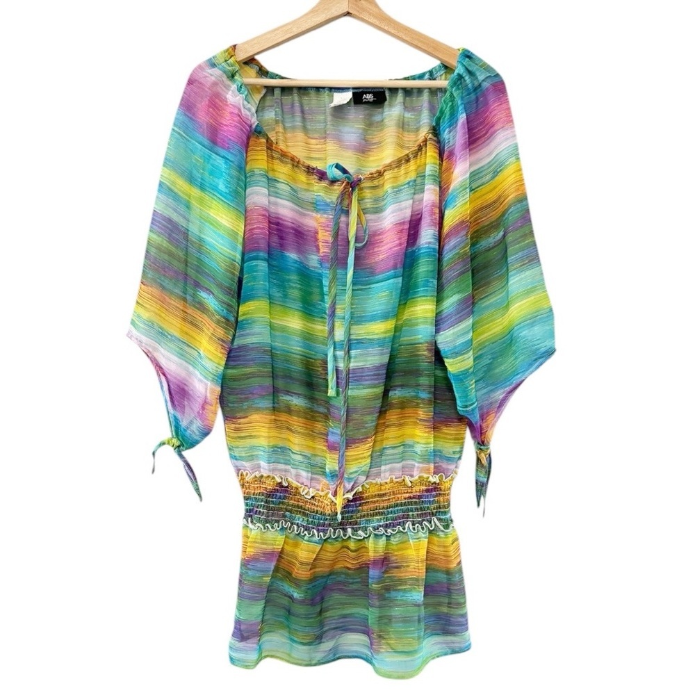 ABS Allen Schwartz Multicolor Sheer Pullover Kimono Oversized Cover-up Blouse XS